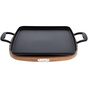 All-Clad Cast Iron Enameled Square Grill with Acacia Trivet 11 Inch Induction Oven Broiler Safe 650F Pots and Pans, Cookware Black(Griddle Pan)