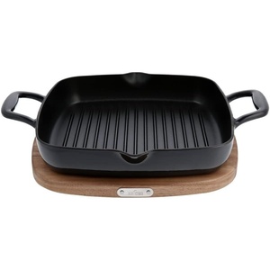 All-Clad Cast Iron Enameled Square Grill with Acacia Trivet 11 Inch Induction Oven Broiler Safe 650F Pots and Pans, Cookware Black(Grill Pan)