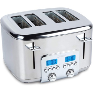 All-Clad Electrics Stainless Steel Toaster 2 -lice LED display, Removable crumb try, 6-Browing levels, Wide and self-centering slots, Waffles, Bagels, Bread, 12.91″D x 5.29″W x 8.98″H, Silver(4 Slice LED)