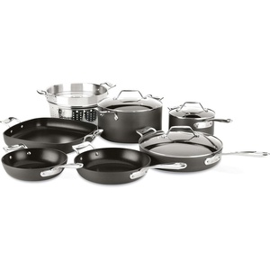 All-Clad Essentials Hard Anodized Nonstick Cookware Set 10 Piece Oven Safe 350F Pots and Pans Black(10-Piece Set)