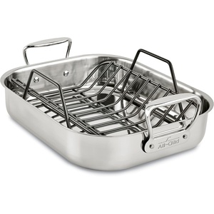 All-Clad Specialty Stainless Steel Roaster with Nonstick Rack 11×14 Inch Oven Broiler Safe 500F Roaster Pan, Pots and Pans, Cookware Silver(11×14 in)