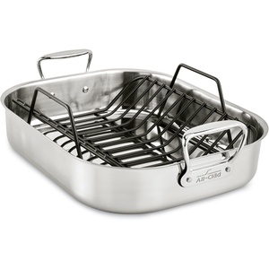 All-Clad Specialty Stainless Steel Roaster with Nonstick Rack 11×14 Inch Oven Broiler Safe 500F Roaster Pan, Pots and Pans, Cookware Silver(16×13 in)