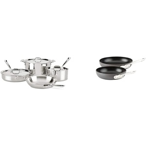 All-Clad Stainless Steel Dishwasher Safe Induction Compatible Cookware Set, 7-Piece, Silver & Hard Anodized Nonstick Dishwasher Safe PFOA Free 8 and 10-Inch Fry Pan Cookware Set, 2-Piece, Black