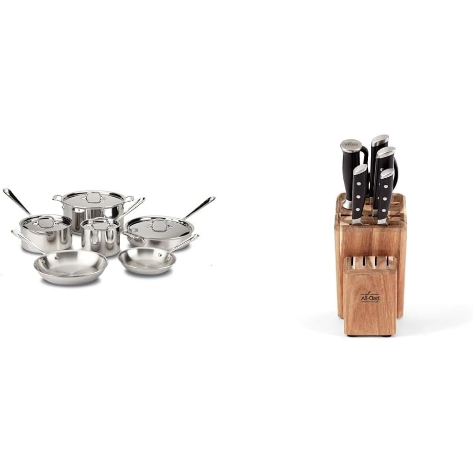image:imageAllClad D3 3Ply Stainless Steel Cookware Set 10 Piece With AllClad Forged German Stainless Steel Knife Set and Acacia Wood Block 7 Piece