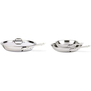 All-Clad D3 3-Ply Stainless Steel Fry Pan with Lid 12 Inch Induction Oven Broil Safe 600F Pots and Pans, Cookware & D3 Stainless Steel Frying Pan 8 and 10 Inch Cookware Set, 2, Silver(12-Inch)